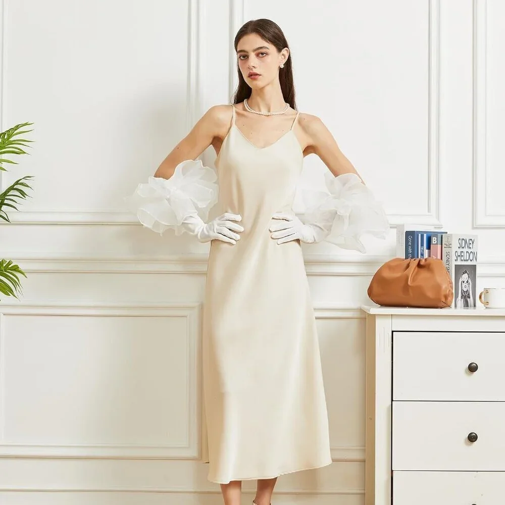 Women's Velvet White 50cm Satin Tulle  Puff Long Gloves Banquet Wedding Party